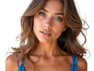 A close-up portrait of a woman with expressive features, wavy hair, and vibrant eyes, showcasing beauty and elegance against. Highlights the natural aesthetics of her face