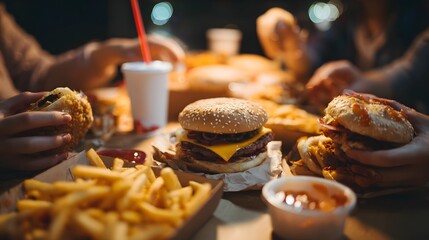 Indulge in delicious burgers and fries a fast food feast for friends and family gathering together now