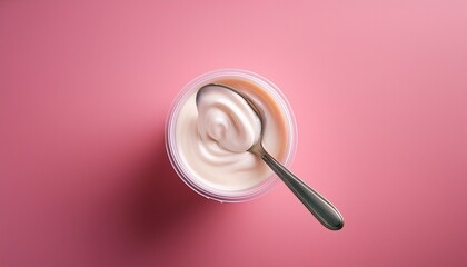 pink background showcasing yogurt in a plastic cup with spoon top view with space for text