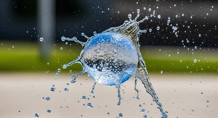 A blue water balloon bursts upon impact, sending water droplets and shards flying outwards in a dynamic splash.