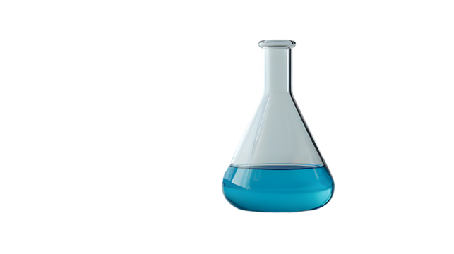 Glass Erlenmeyer flask filled with blue liquid, laboratory equipment for scientific experiments and research. with isolated on a transparent  background