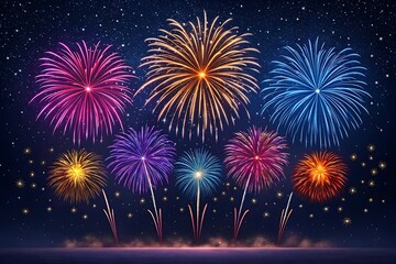 Colorful fireworks explode in a starry night sky celebration