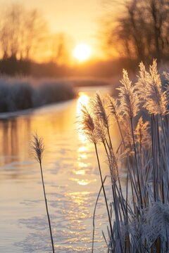 The golden reeds and the reflection of the river in the sunset glow