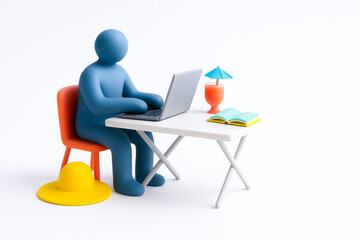 Blue human figure working on laptop at white desk with drink, book, and summer hat, creating relaxed work environment perfect for remote digital nomads