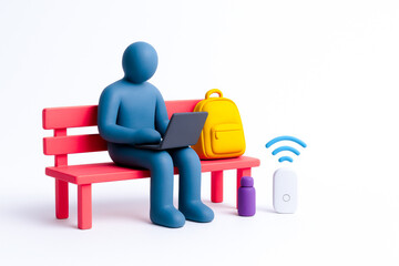 Digital nomad sitting on pink bench working on laptop with backpack and wireless device, illustrating remote work and connectivity in modern environment