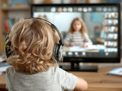 Young child studying online using headphones. The boy is looking at the teacher who is teaching online on a computer screen , technology-related content - Powered by Adobe