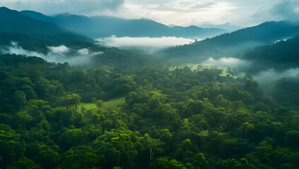 Obraz premium Misty Mountain Rainforest Aerial View