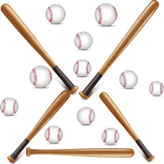 Create a kinds of deferent Realistic wooden baseball bat and ball vector art with white background.