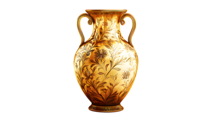 Elegant golden decorative vase with intricate floral designs with isolated on a transparent  background