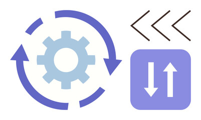 Gear with rotating arrows, two arrows indicating direction, and chevron lines suggesting steps or flow. Ideal for workflow, process efficiency, automation, progress, data exchange, strategy