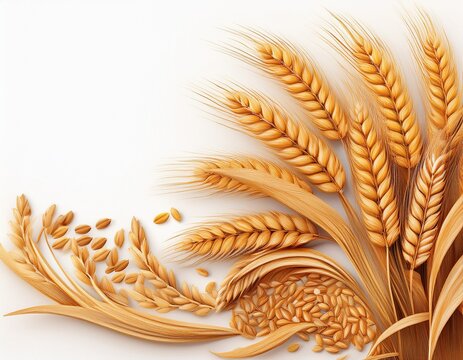 background with wheat grains wheat ears and wheat grain on a white background with a place for text dried ears of wheat on white background top view harvest concept banner design generative ai