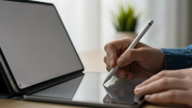 Hands using an apple pencil on an ipad. Suitable for technology blogs, graphic design content, digital art tutorials, and e learning websites. - Powered by Adobe