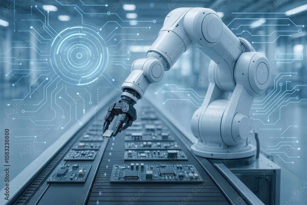 Poster smart factory automation technology features robotic arm assembling electronic components in industr