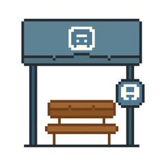 Flat Design Pixel Art Bus Stop building Illustration