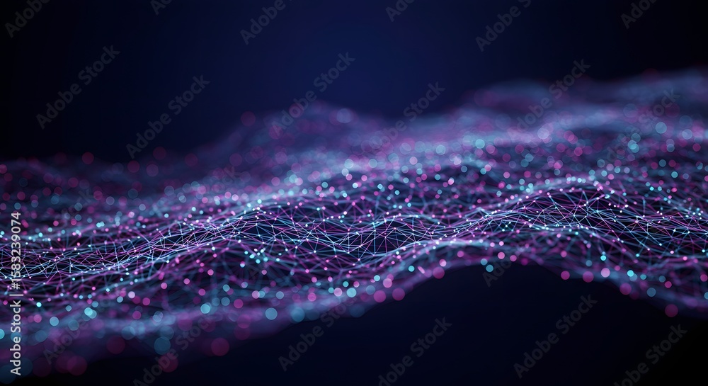 Fototapete Abstract network of interconnected nodes and lines, creating a flowing, undulating pattern with a dark blue background.