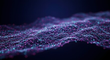 Abstract network of interconnected nodes and lines, creating a flowing, undulating pattern with a dark blue background.