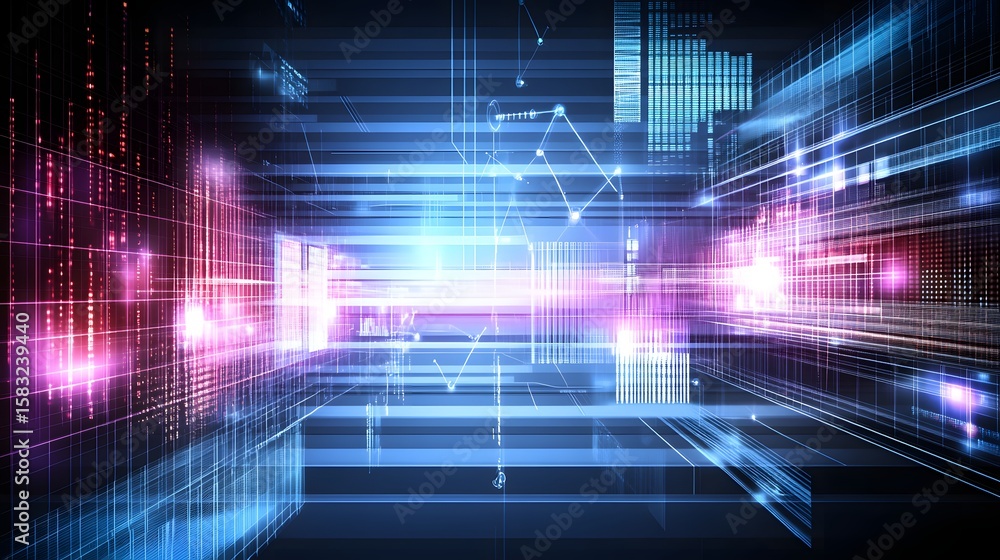 Aufkleber digital data streams converge in a futuristic tunnel.