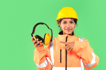 Construction worker wearing safety gear holds hearing protection while smiling in front of a green background during daytime
