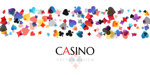 Casino poker background. Vector banner with horizontal border from falling colorful card symbols.
