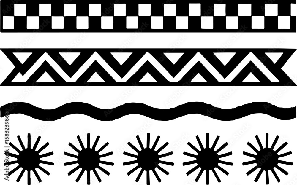 Poster collection of four distinct black and white graphic design elements including a checkerboard pattern