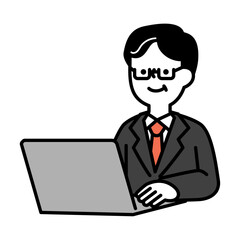 ノートパソコンを操作して仕事をしているミドル・シニア世代の男性のイラスト素材