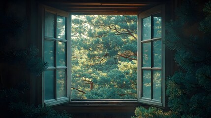 The emerald green pine trees shining in the sunlight outside the window