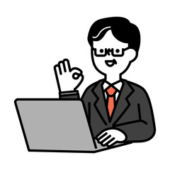 パソコンに向かってポジティブなポーズをとる笑顔のミドル・シニア世代男性のイラスト素材