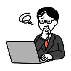 パソコンを操作しながら悩んでいるミドル・シニア世代男性のイラスト素材