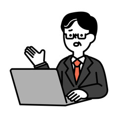 オンラインで会話をする困り顔のミドル・シニア世代男性のイメージイラスト素材