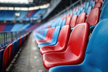 Rows of vibrant red and blue stadium seats fill the frame at an angle. Show team spirit, support, or visualize large events & crowd participation.