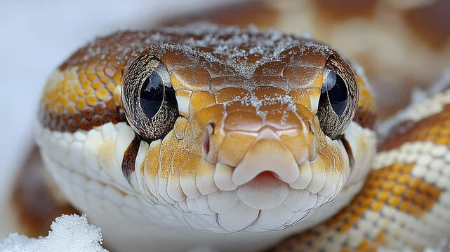 Close-Up of a Ball Python in the Snow: Scales, Eyes, and Winter Detail
