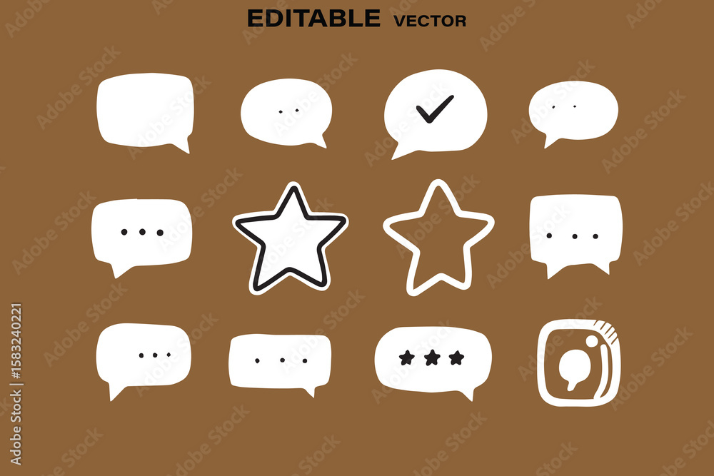 Fototapete collection of hand drawn white speech bubbles and star icons on a brown background with editable vec