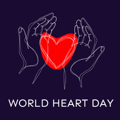 Minimalist illustration, red heart held by  hands on dark indigo background, one line drawing concept of love, protection, health, support, cardiology awareness poster. World Heart Day, September 29th