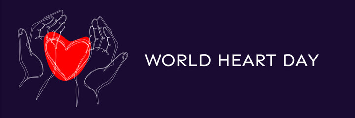 Minimalist illustration, red heart held by hands on dark indigo background, one line drawing concept of love, protection, health, support, cardiology awareness banner. World Heart Day, September 29th