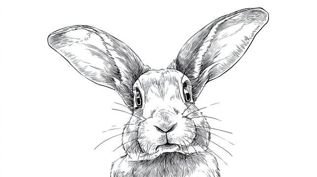 Engraving sketch of curious rabbit face with large ears and whiskers in detailed vintage hand drawn style