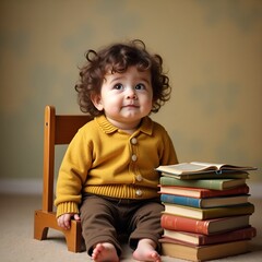 Little boy sitting and reading a book for learning and study