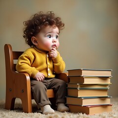 Little boy sitting on a chair happily reading a book