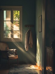 Sunlight falls on the old clothes hanger in the corner of the wall