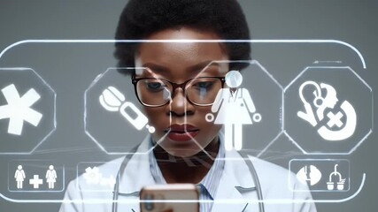 Young African American Doctor in White Coat Using Smartphone with Digital Medical Interface Overlayed on Gray Background in Studio Lighting - Powered by Adobe
