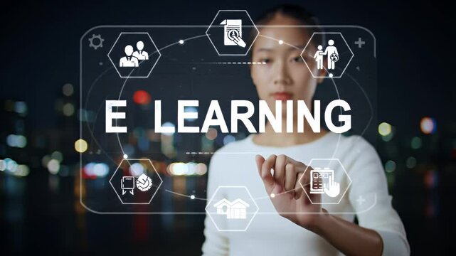 Asian Woman Interacts With E Learning Digital Interface Overlay With Light Blur Background And White Long Sleeve Shirt For Adobe Stock Photo