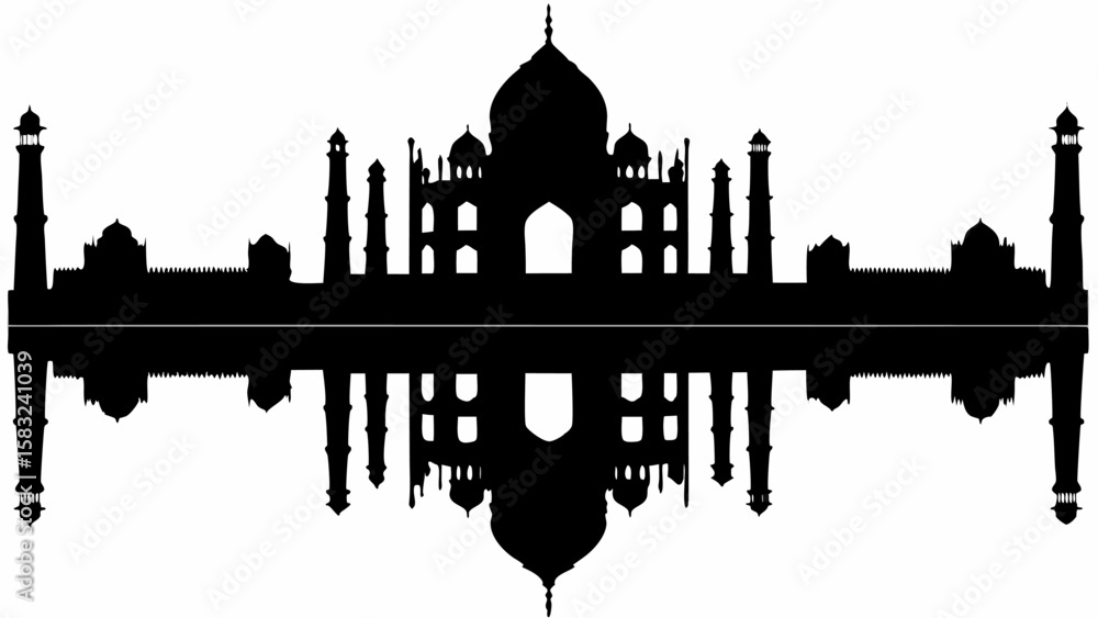Poster Silhouette of the taj mahal with reflection in water creating a symmetrical architecture view of india