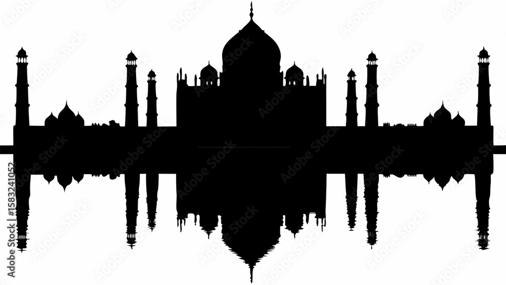 Poster silhouette of a grand mausoleum with minarets reflected in water creating a symmetrical image view