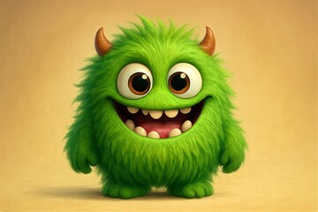 Naklejka premium Fuzzy green monster with big eyes and a wide smile