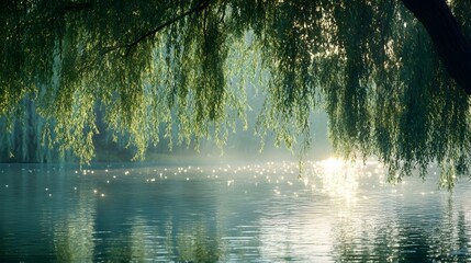 Reflection of weeping willows by the river in the early morning