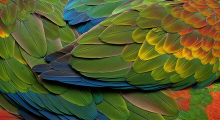 Fototapeta premium Close Up Of Vibrant Parrot Feathers Showing Intricate Green Blue Red And Yellow Patterns