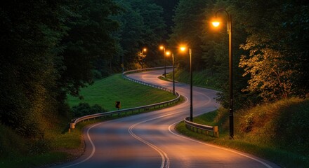 Winding road at night, lit by lampposts