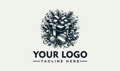 Vintage style logo design featuring a gift box surrounded by Christmas decorations.