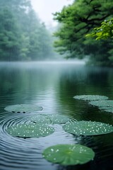 Dewdrops and mist in the early morning swamp