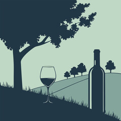 Black silhouette vector of a wine glass with a bottle. Perfect for restaurant menus, bar logos, event invitations, winery branding, elegant decor, and celebration-themed designs. 