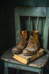 Old leather shoes and yellowed pages under dim yellow light